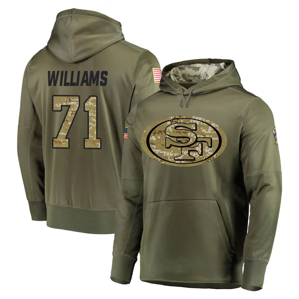 SF.49ers #71 Trent Williams Player Olive Salute to Service Pullover Hoodie Home Game Edoa Stitched Jerseys