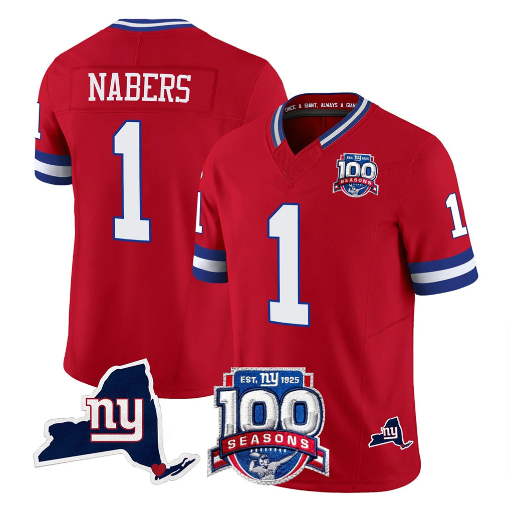 NY.Giants #1 Malik Nabers Player Red 100th Season & State Patch Vapor Limited Home Game Edoa Stitched Jerseys