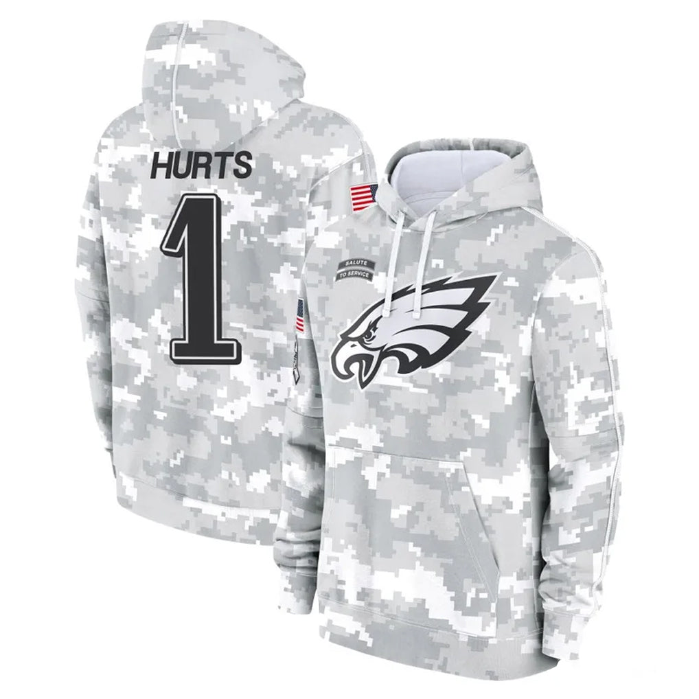 P.Eagles #1 Jalen Hurts Player Arctic Camo Salute to Service Pullover Hoodies Limited Game Edoa Stitched Jerseys