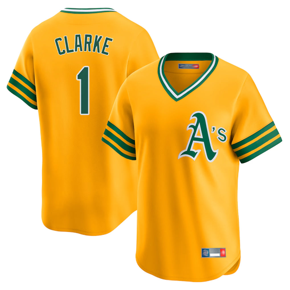 Athletics #1 Denzel Clarke Player Gold Cooperstown Collection T-shirt Game Edoa Stitched Jerseys