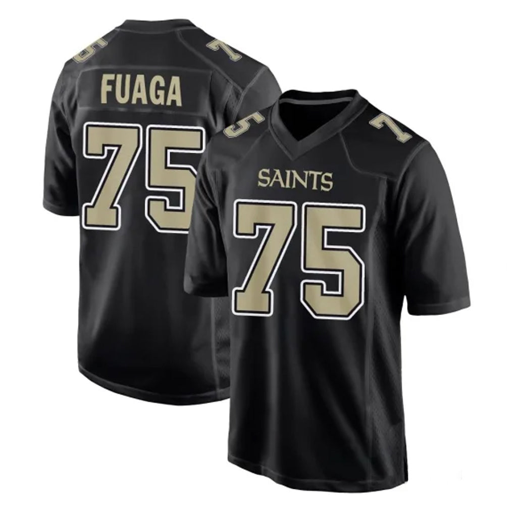 NO.Saints #75 Taliese Fuaga Player Black Carbon Fashion Home Game Edoa Stitched Jerseys