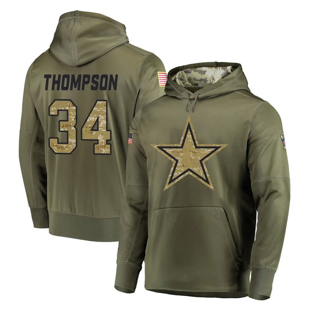 D.Cowboys #34 Jalen Thompson Player Olive Salute to Service Pullover Hoodies Home Game Edoa Stitched Jerseys