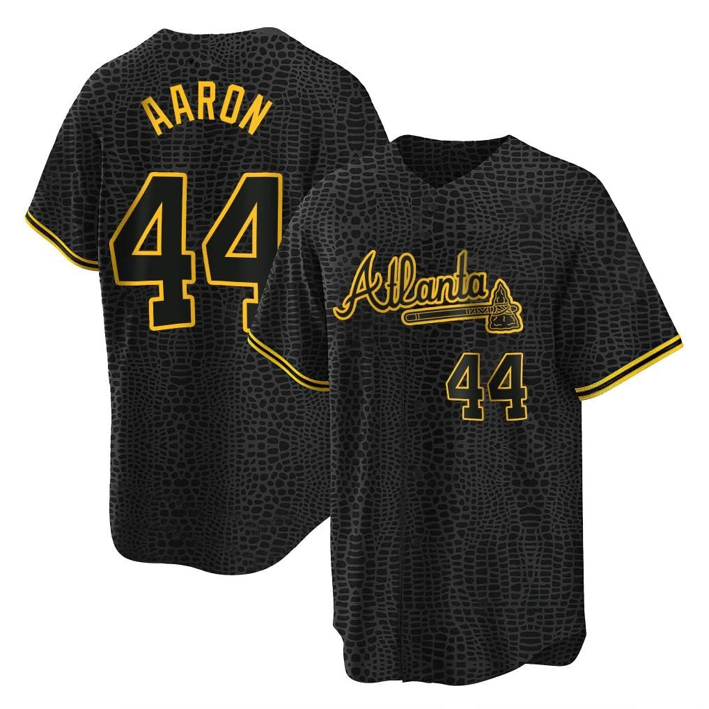 A.Braves #44 Hank Aaron Player Black Snake Skin City Home Game Edoa Stitched Jerseys