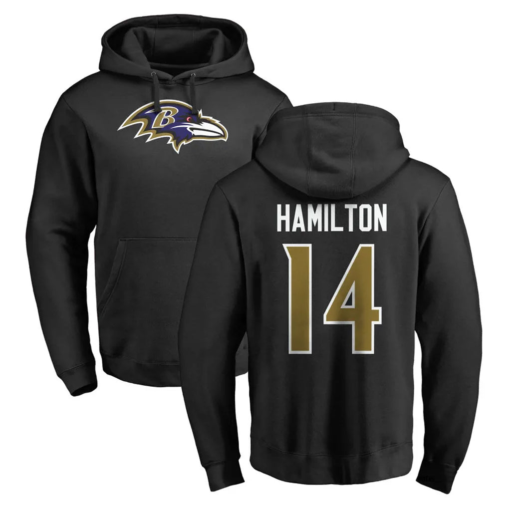 B.Ravens #14 Kyle Hamilton Player Black Pullover Hoodie Edoa Stitched Jerseys