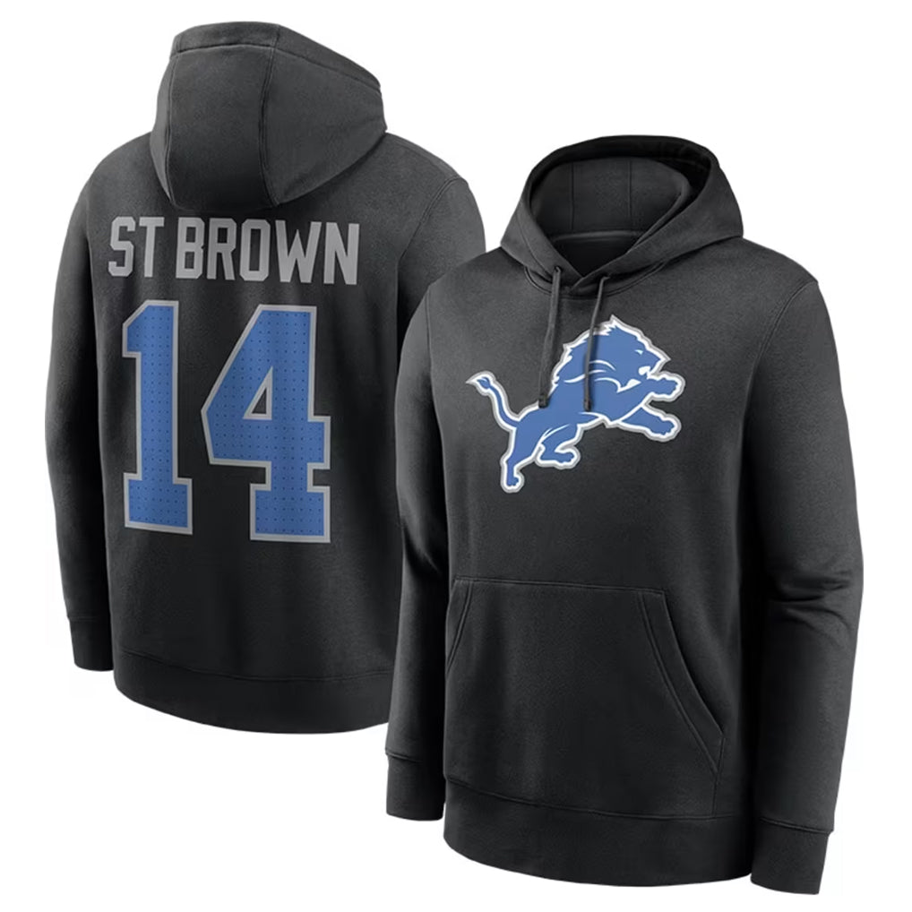 D.Lions #14 Amon-Ra St. Brown Player Black Pullover Hoodies Limited Game Edoa Stitched Jerseys