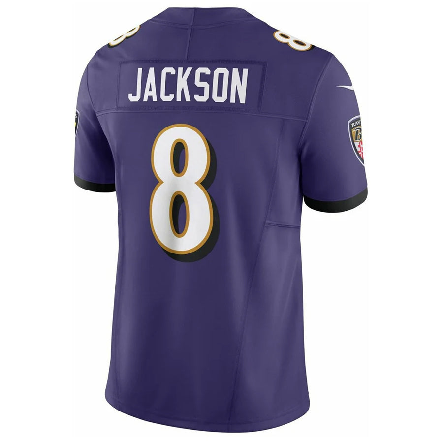 B.Ravens #8 Lamar Jackson Player Vapor F.U.S.E. Limited Purple Edoa Stitched Jerseys