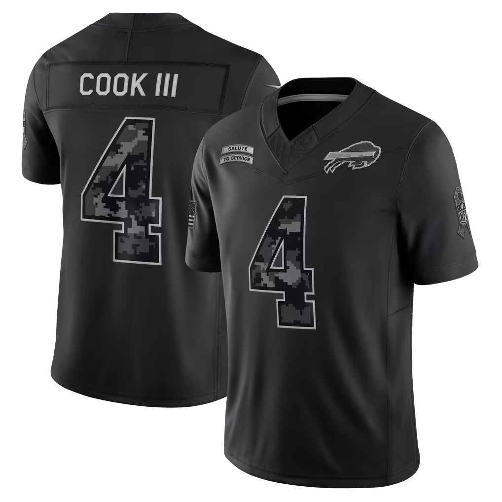 B.Bills #4 James Cook III Player Black Limited 2026 Salute to Service Home Game Edoa Stitched Jerseys