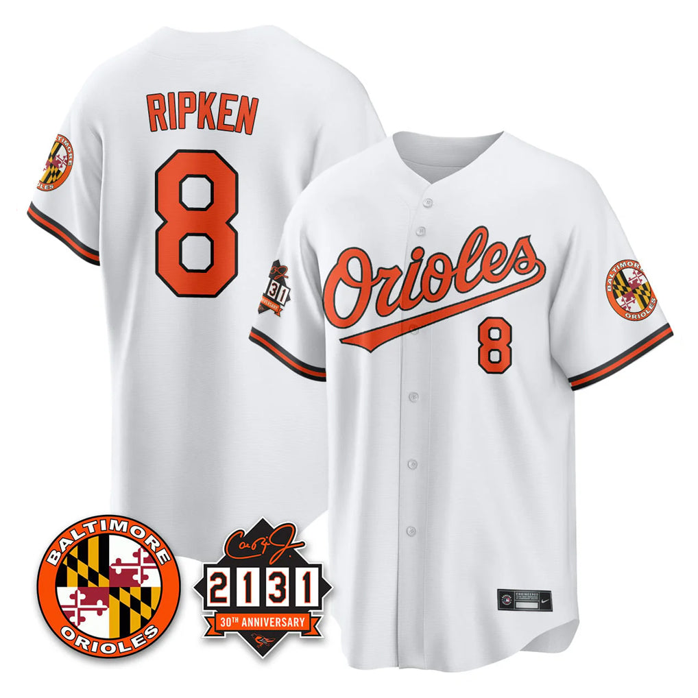 B.Orioles #8 Cal Ripken Player White 30th Anniversary of 2131 Home Game Edoa Stitched Jerseys